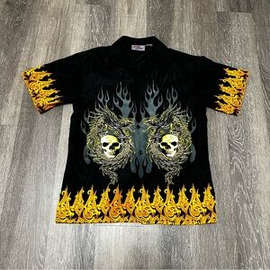 Vintage Shaolin Shirt Youth Large Black Dragon Skull Flames Button Front 2000s